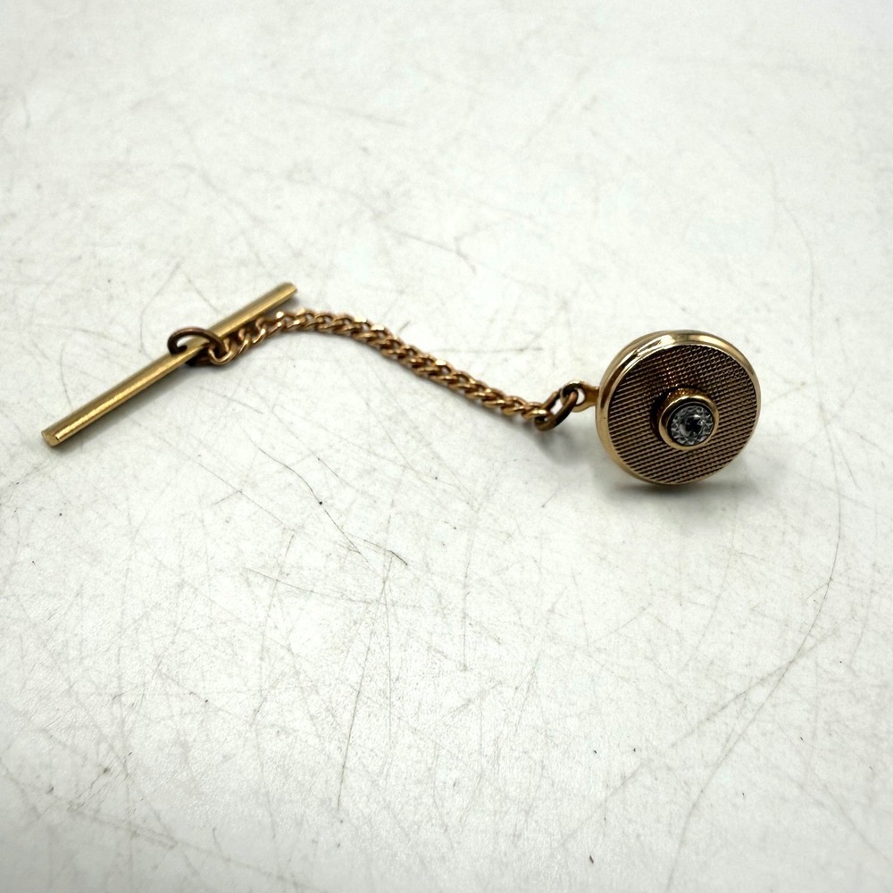 Vintage Gold Tone Round Tie Tack Rhinestone Center Engine Turned Texture T-Bar